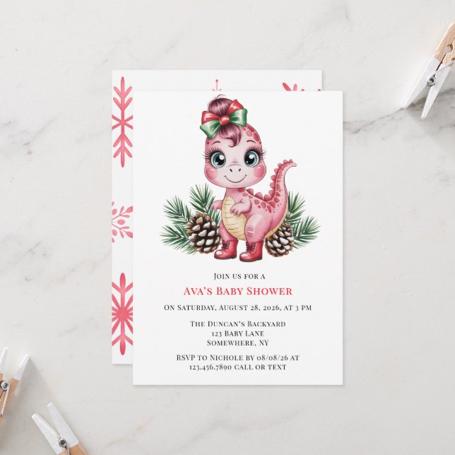Pink Christmas Dino Girl Baby Shower Einladung (Vorderseite/Rückseite Beispiel)