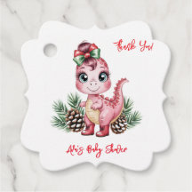 Pink Christmas Dino Girl Baby Shower Thank You
