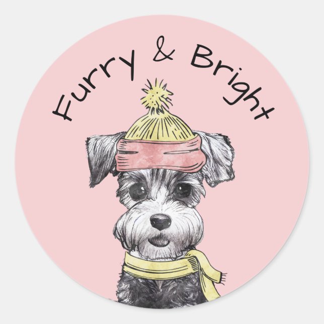 Pink Christmas Dog Furry & Bright Terrier Niedlich Runder Aufkleber (Vorderseite)