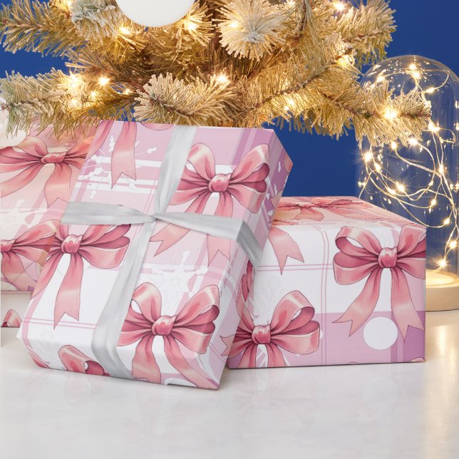 Pink Christmas Kariert Snowflakes Bow Coquette Geschenkpapier (Feiertage)
