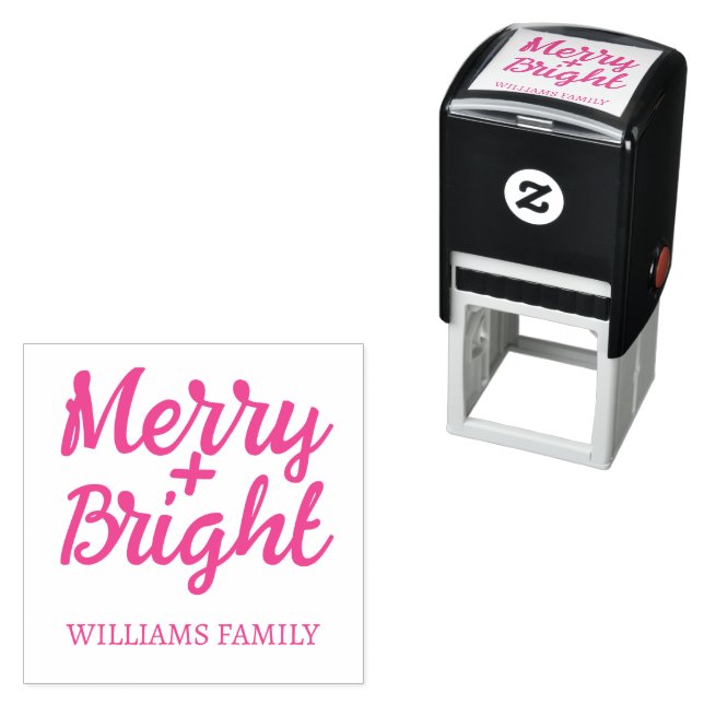 Pink Christmas Merry Bright Familiennamen Permastempel (Beispiel)
