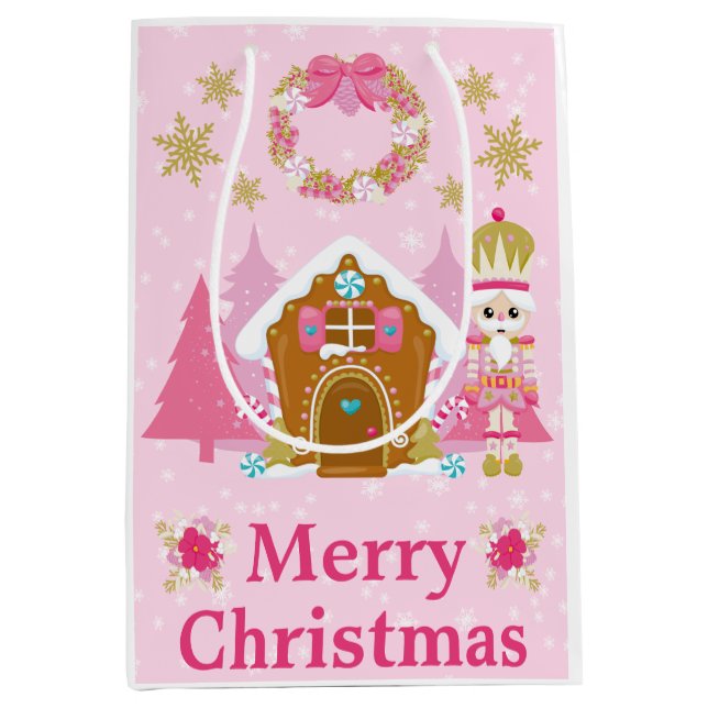 Pink Christmas Nutcracker und Gingerbrett House Mittlere Geschenktüte (Vorderseite)