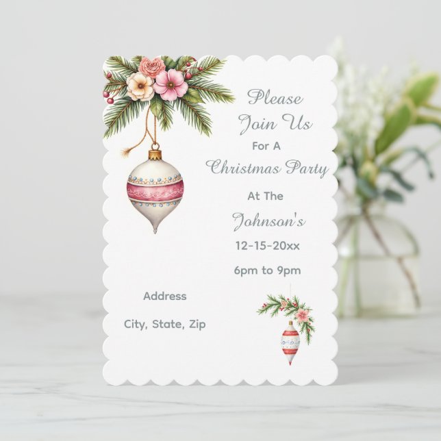 Pink Christmas Ornament Party Invitation (Stehend Vorderseite)