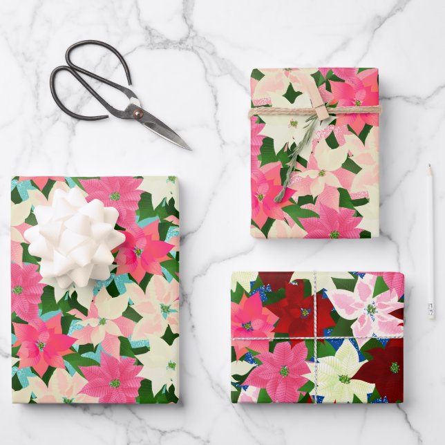 Pink Christmas Poinsettias Geschenkpapier Set (Vorderseite)