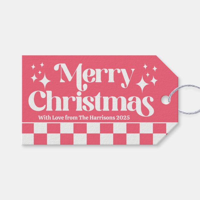 Pink Christmas Retro Check Holiday Geschenkanhänger (Vorderseite (Horizontal))
