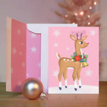 Pink Christmas Retro Rudolph Reindeer Postcard