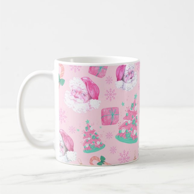 Pink Christmas Santa Clau & Tree Seamless Pattern Kaffeetasse (Links)