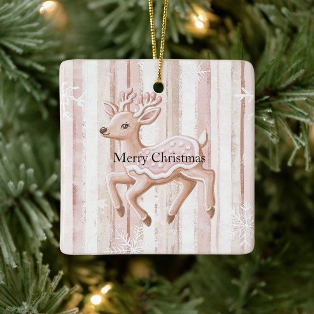 Pink Christmas Snowflakes Reindeer Keramikornament (Baum)