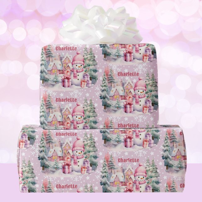 Pink Christmas Snowman fügt Girl's Name hinzu Geschenkpapier (Von Creator hochgeladen)