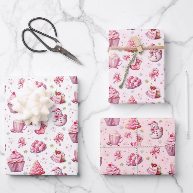 Pink Christmas Sweet Niedlicher Spaß Geschenkpapier Set (Vorderseite)