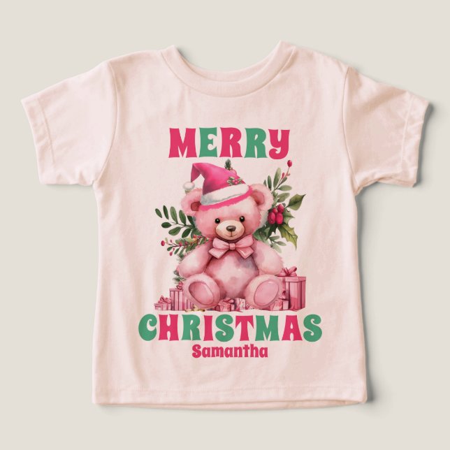 Pink Christmas Teddy Bär Personalisierter Name (Design Vorderseite)