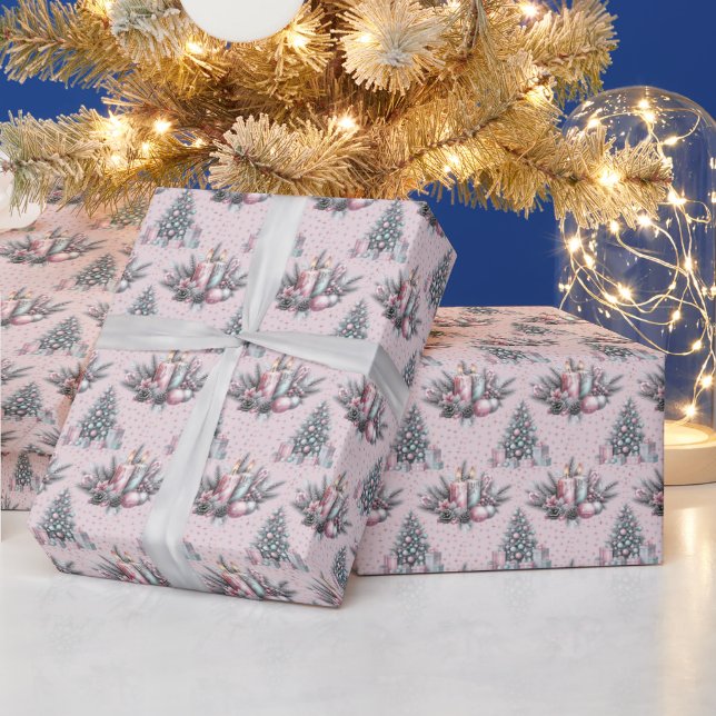 Pink Christmas Tree and Candle Wrapping Paper Geschenkpapier (Feiertage)