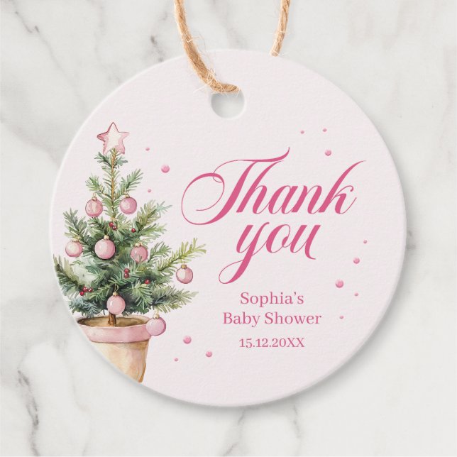 Pink Christmas Tree Baby Shower Thank You Geschenkanhänger (Vorderseite)