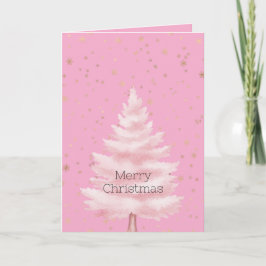 Pink Christmas Tree Gold Snowflakes Karte