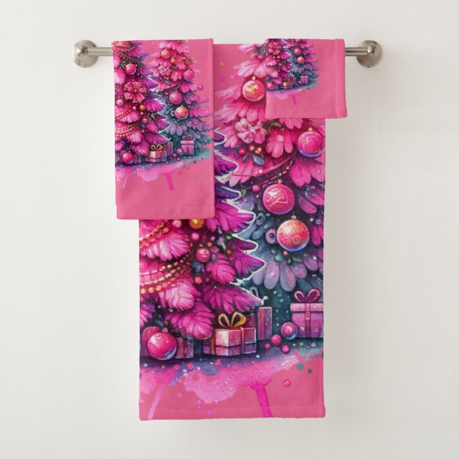 Pink Christmas Tree Trendy Preppy Ästhetik Badhandtuch Set (Insitu)