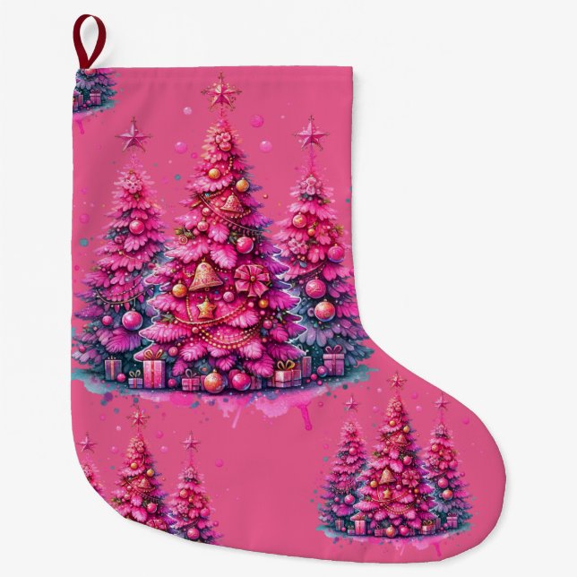 Pink Christmas Tree Trendy Preppy Ästhetik Großer Weihnachtsstrumpf (Vorderseite)