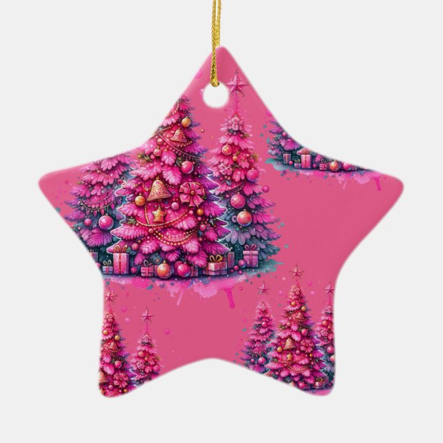Pink Christmas Tree Trendy Preppy Ästhetik Keramik Ornament (Vorne)