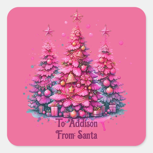 Pink Christmas Tree Trendy Preppy Ästhetik Quadratischer Aufkleber (Vorderseite)