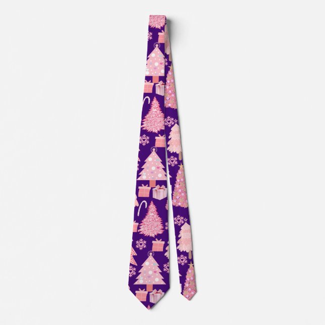 Pink Christmas Trees Muster D Lila BG Krawatte (Vorderseite)