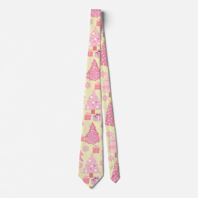 Pink Christmas Trees Muster L Yellow BG Krawatte (Vorderseite)