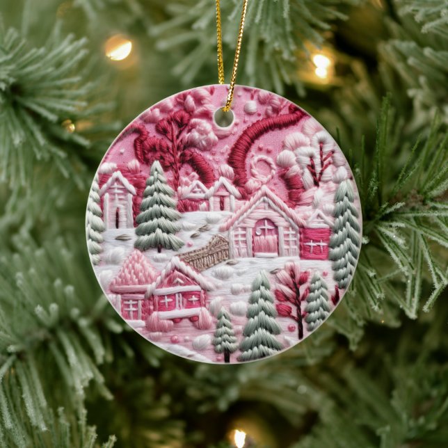 Pink Christmas Village Keramik Ornament (Baum)