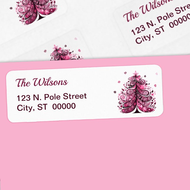 Pink Christmas Whimsical Tree Rücksendeadresse (Pink Christmas Whimsical Tree Return Address Label)