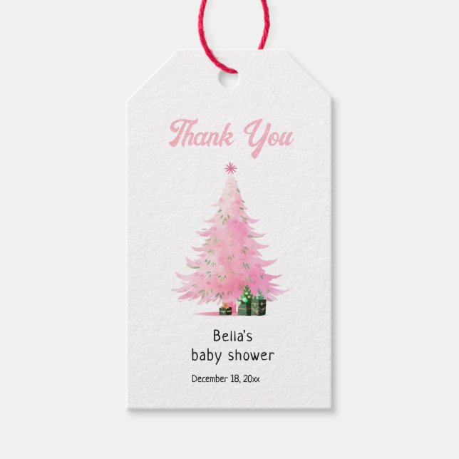 Pink Christmas Winter Tree Kinderdusche Danke Geschenkanhänger (Vorderseite)