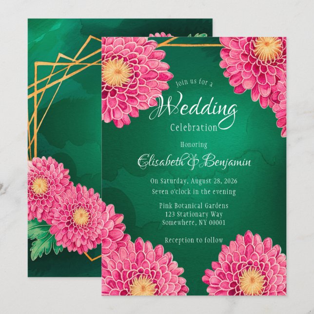 Pink Chrysanthemums Geometric Wedding Celebration Einladung (Vorne/Hinten)