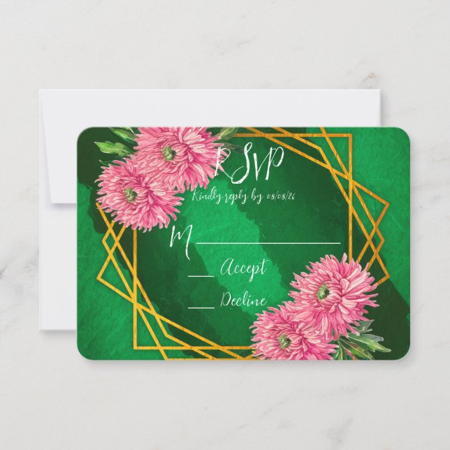 Pink Chrysanthemums Gold Geometric Wedding RSVP Karte (Vorderseite)