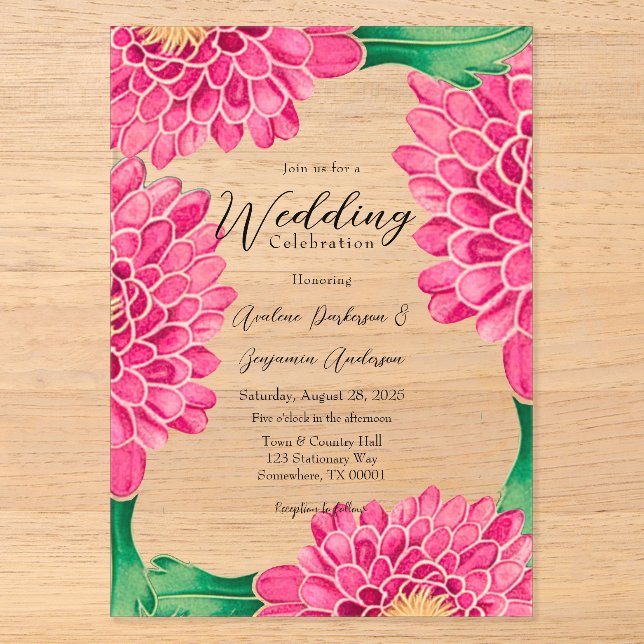 Pink Chrysanthemums Goldene bemalte Hochzeit Acryleinladungen (Vorderseite)