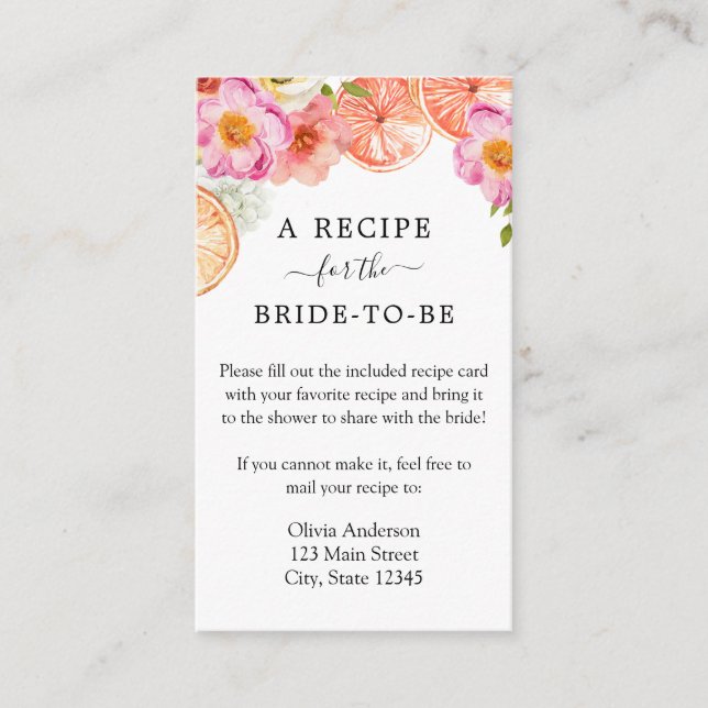Pink Citrus Blume Bridal Rezept Anfrage Begleitkarte (Vorderseite)