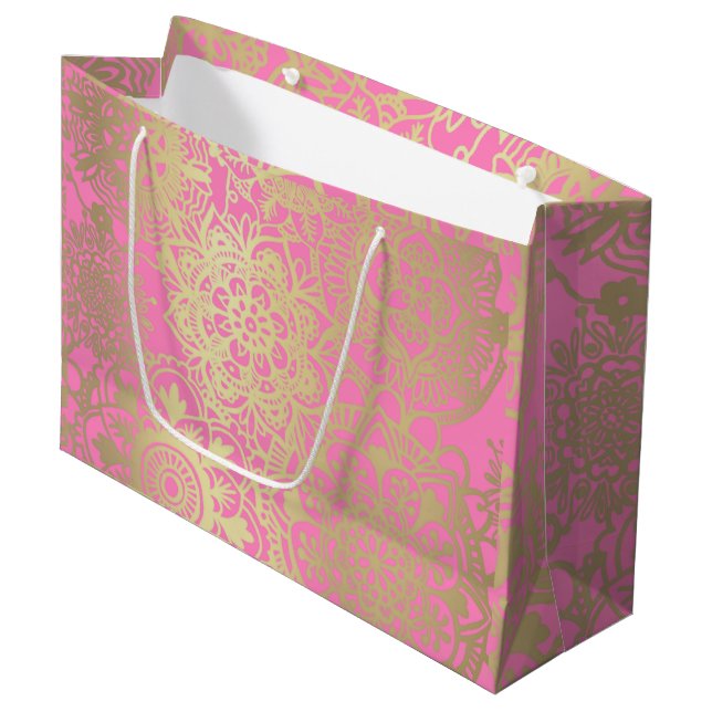 Pink clair et or Mandala Motif Grand sac cadeau (Devant Angle)