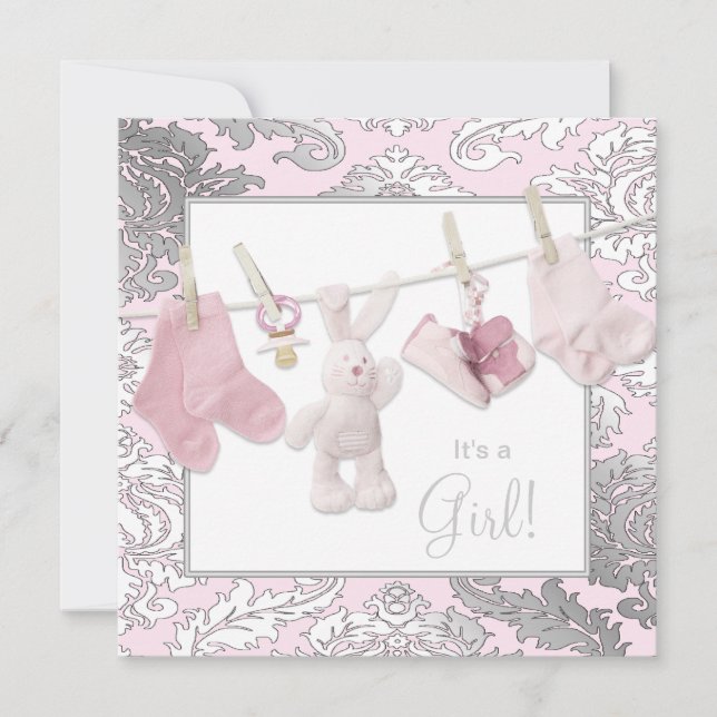 Pink Clothesline Baby Girl Dusche Einladung (Vorderseite)