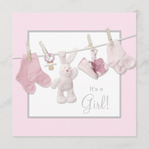 Pink Clothesline Baby Girl Duwer Einladungen