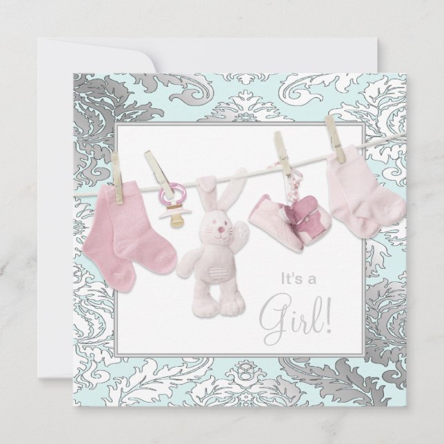 Pink Clothesline Baby Girl Duwer Einladungen (Vorderseite)