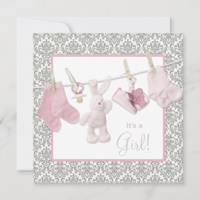 Pink Clothesline Babydusche Einladung (Vorderseite)