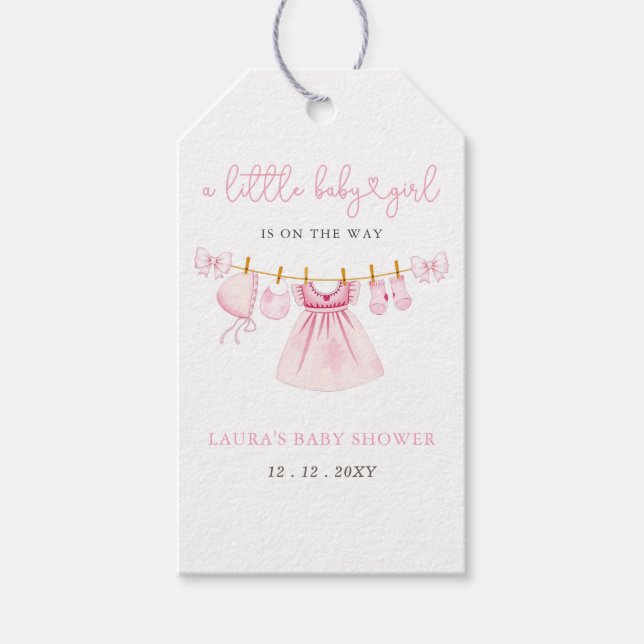 Pink Clothesline Coquette Bow Girl Babydusche Geschenkanhänger (Vorderseite)