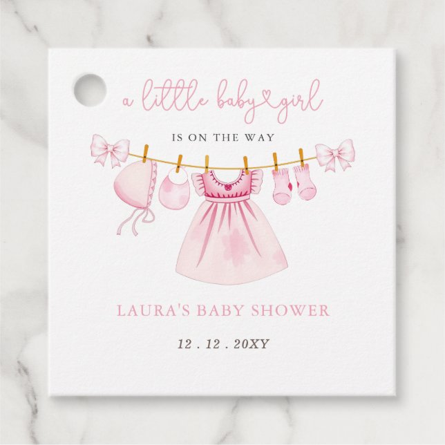 Pink Clothesline Coquette Bow Girl Babydusche Geschenkanhänger (Vorderseite)