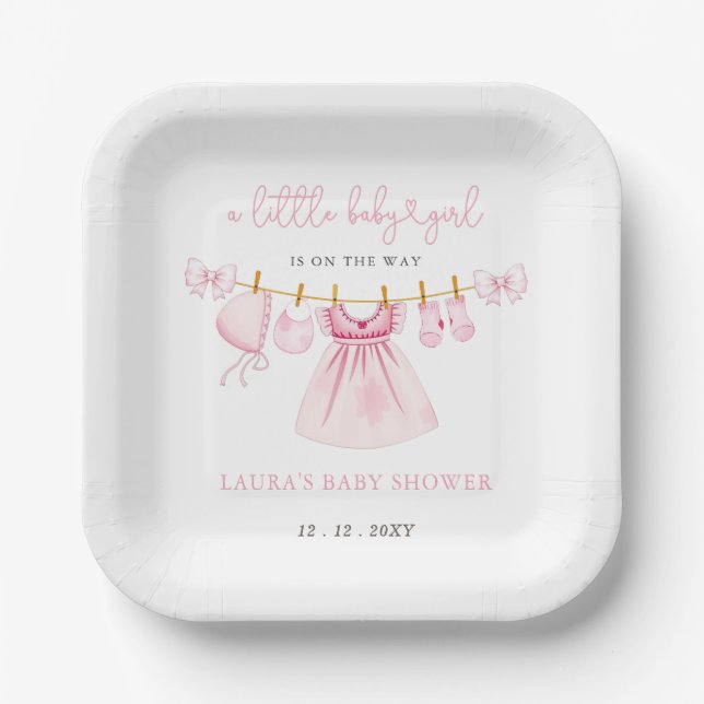 Pink Clothesline Coquette Bow Girl Babydusche Pappteller (Vorderseite)