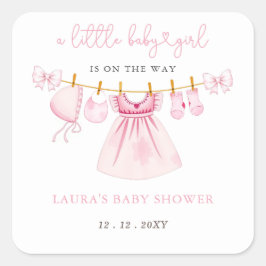 Pink Clothesline Coquette Bow Girl Babydusche Quadratischer Aufkleber