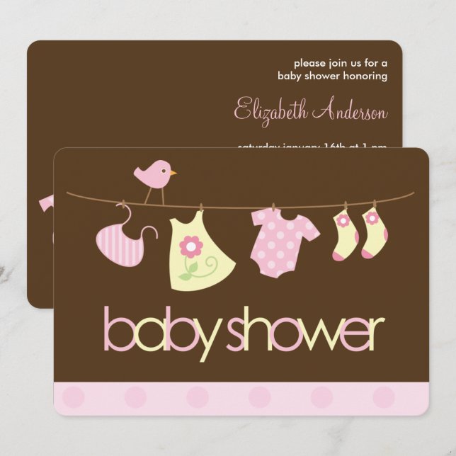 Pink Clothesline Girl Babydusche Einladung (Vorne/Hinten)