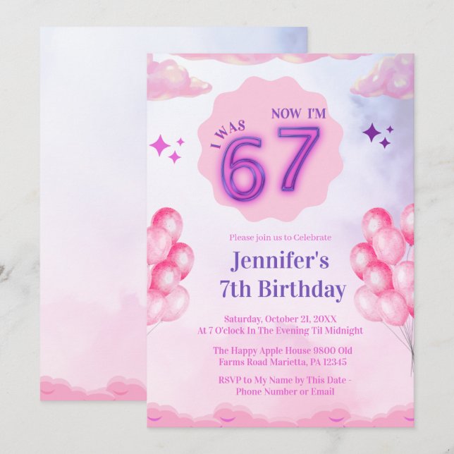 Pink Cloud “I Was 6 Now I’m 7” Girl Birthday Einladung (Vorne/Hinten)
