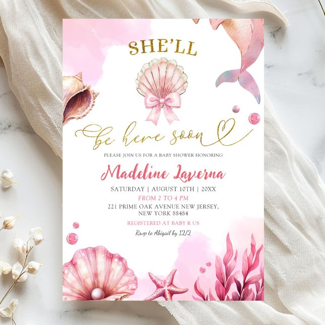 Pink Coastal She'll Be Here Soon Baby Shower Einladung (Von Creator hochgeladen)