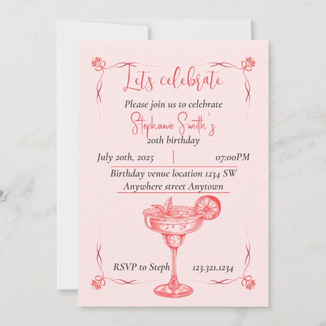 Pink Cocktail Birthday Invitation - Summer Vibe (Devant)