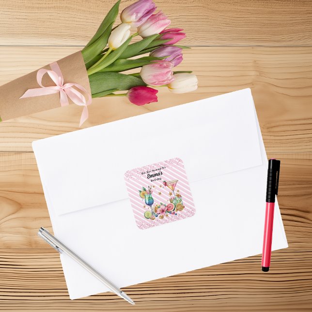 Pink Cocktail Candy Glitzer Geburtstag Quadratischer Aufkleber (Von Creator hochgeladen)