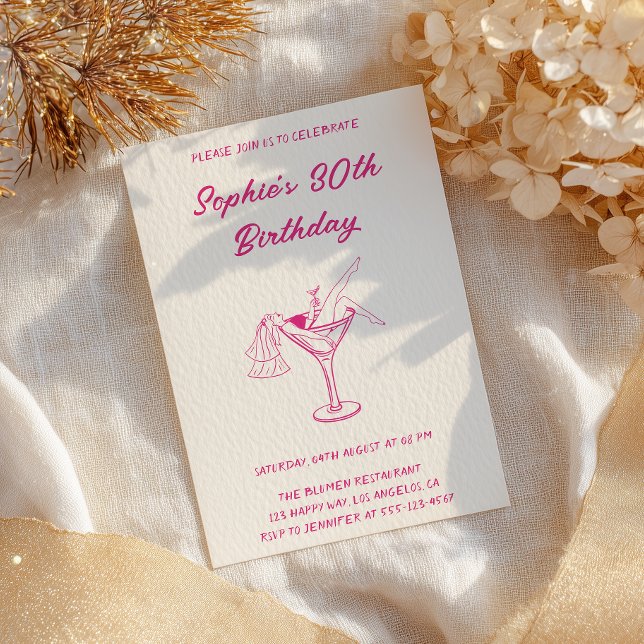 Pink Cocktail Party 30th Birthday | Retro Martini  Einladung (Von Creator hochgeladen)