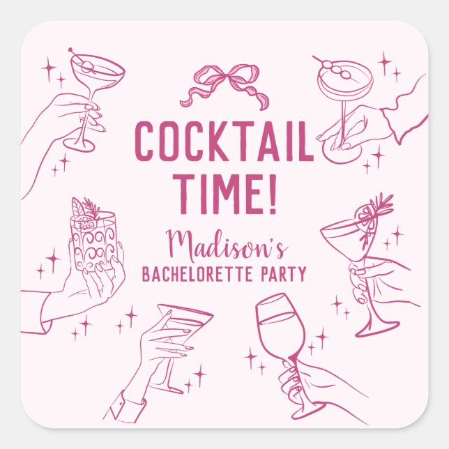 Pink Cocktail Party Bachelorette Umschlag Gefallen Quadratischer Aufkleber (Vorderseite)