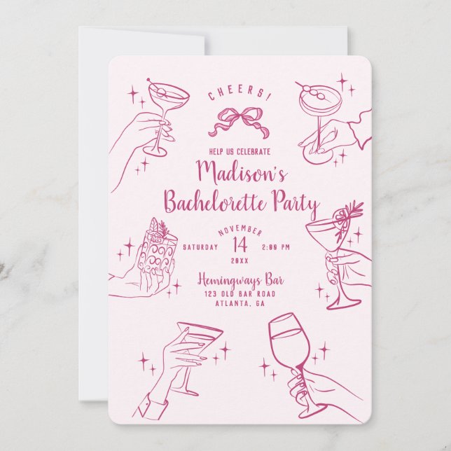 Pink Cocktail Party Junggeselinnen-Abschied Einlad (Vorderseite)