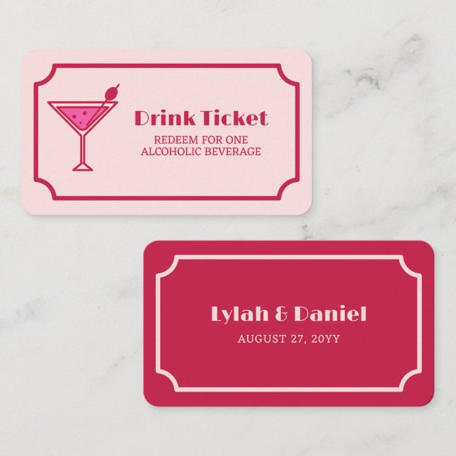 Pink Cocktail Retro Font Wedding Drink Ticket (Devant / Derrière)