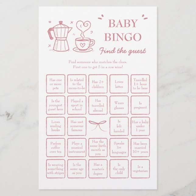 Pink Coffee Find the Guest Baby Bingo Game (Vorderseite)